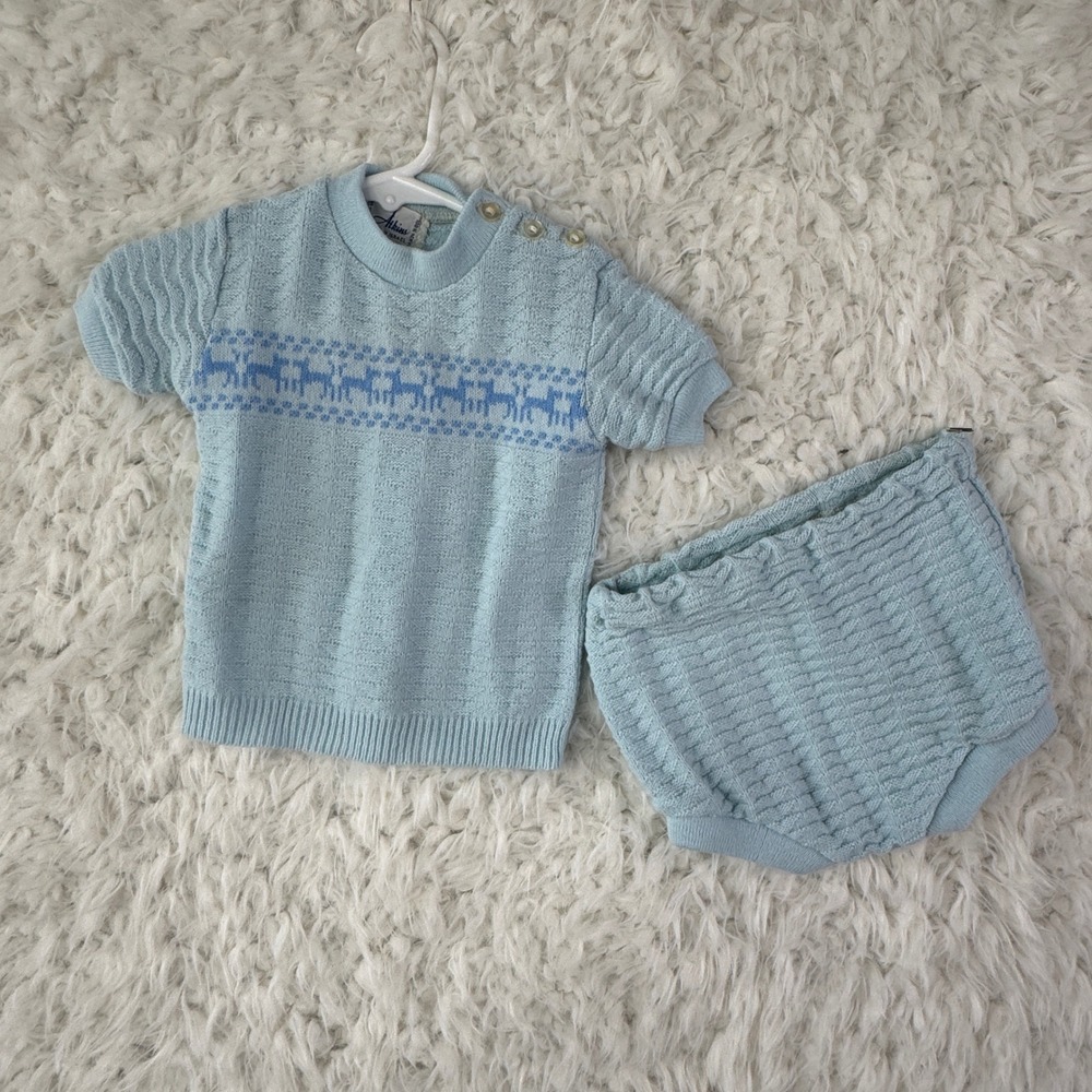 Atkins Vintage Baby Knit Sweater Set Newborn Blue Reindeer‎ Retro Grandmacore